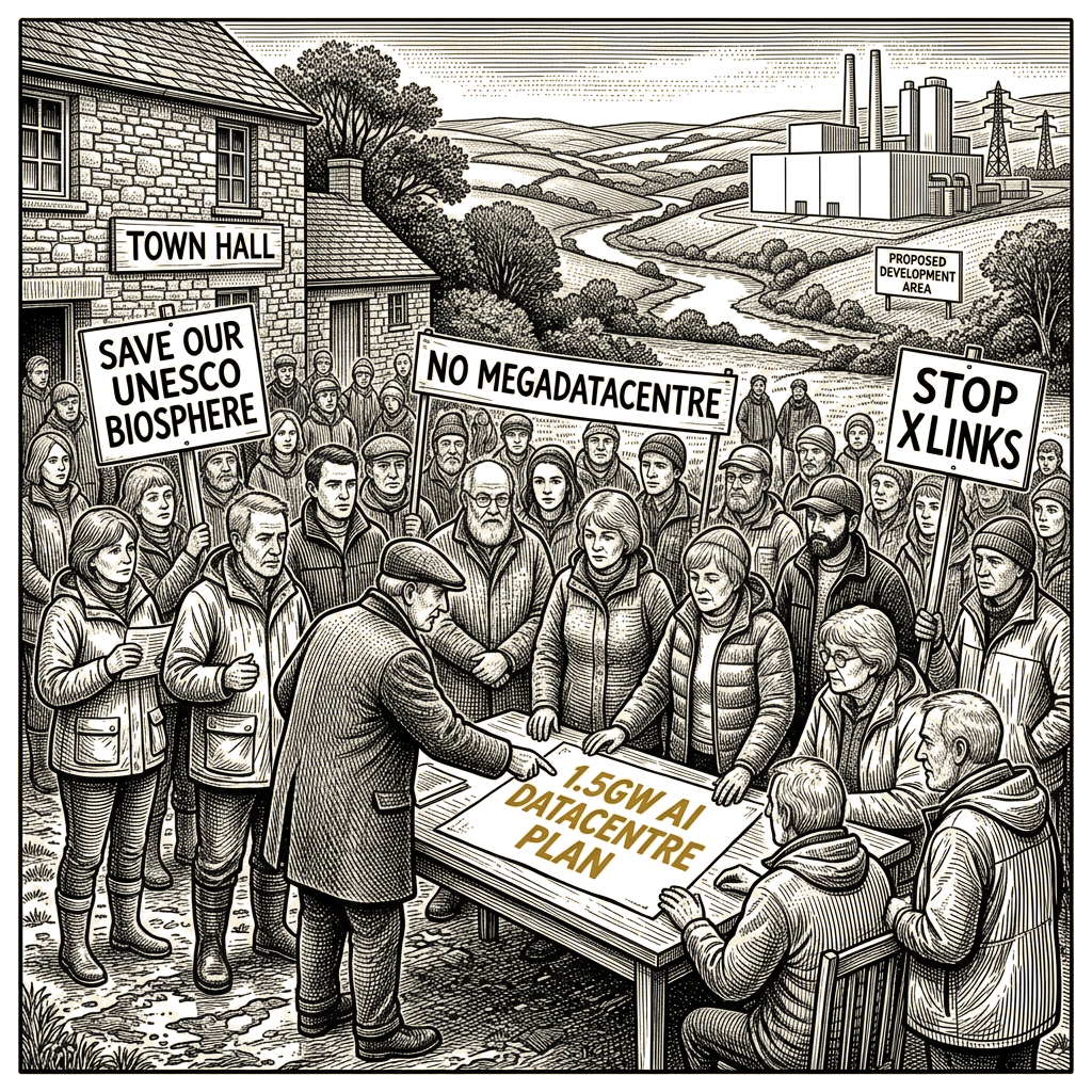 Illustration accompanying article: North Devon residents mobilize against Xlinks' 1.5GW AI datacentre plan