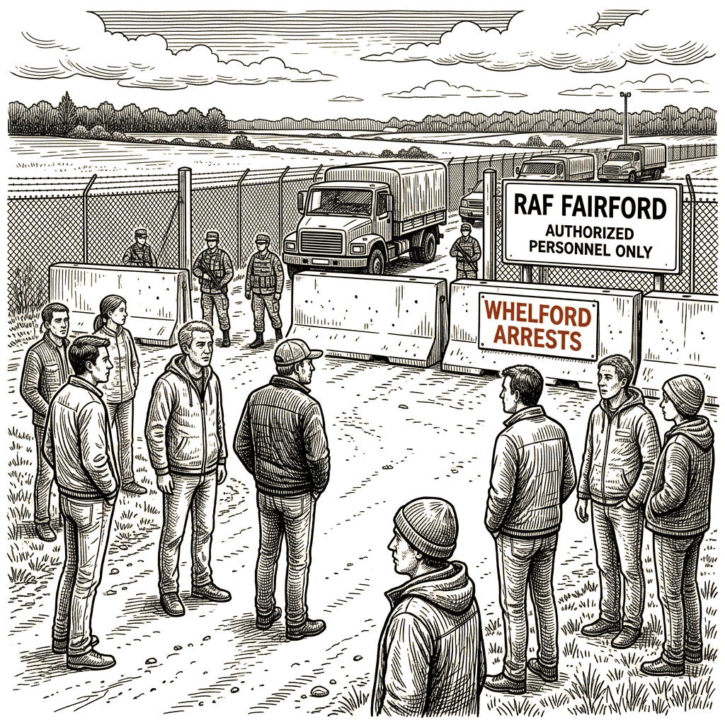 Illustration accompanying article: Residents watched RAF Fairford security tighten before Whelford arrests