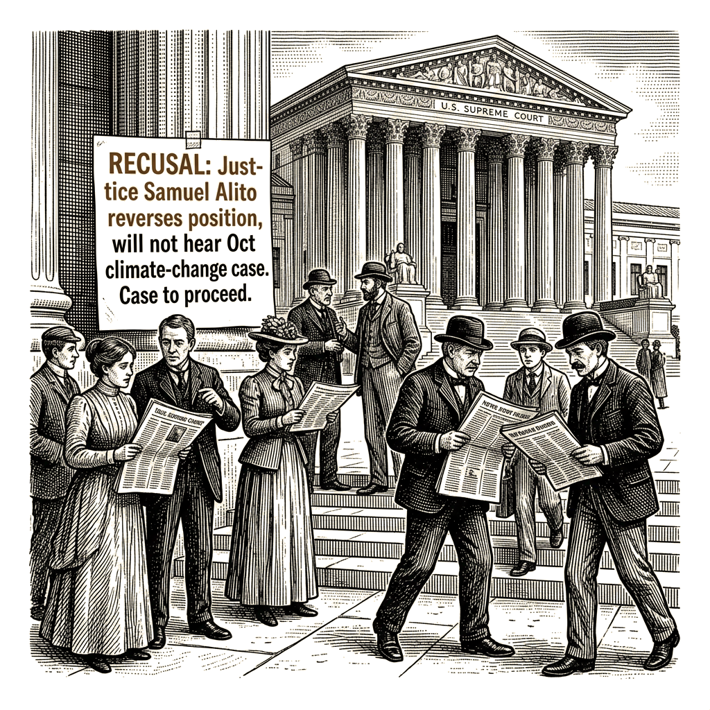 Illustration accompanying article: Alito reversal leaves climate case hinging on Thomas and Gorsuch