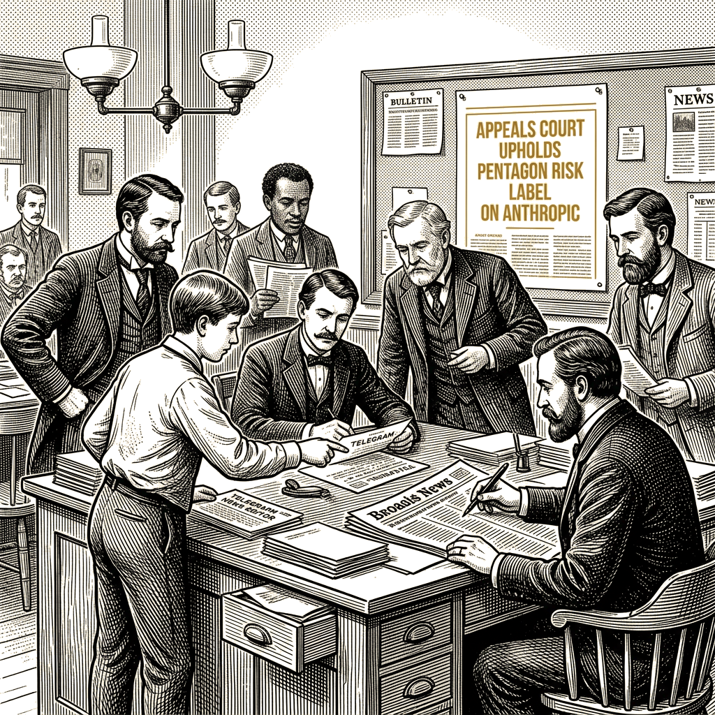 Illustration accompanying article: Appeals court upholds Pentagon's supply-chain risk label on Anthropic