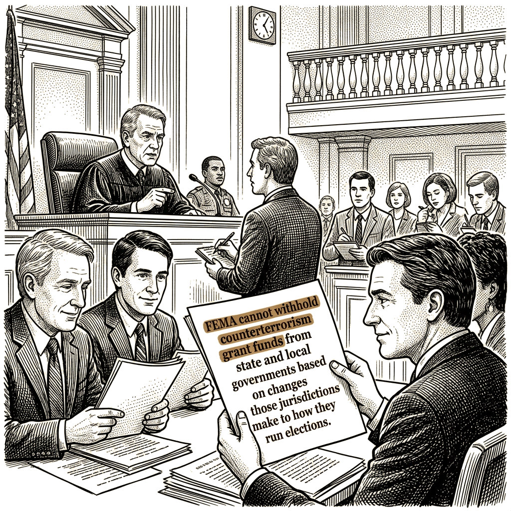 Illustration accompanying article: Judge rules FEMA exceeded statutory authority with election-conditioned grants
