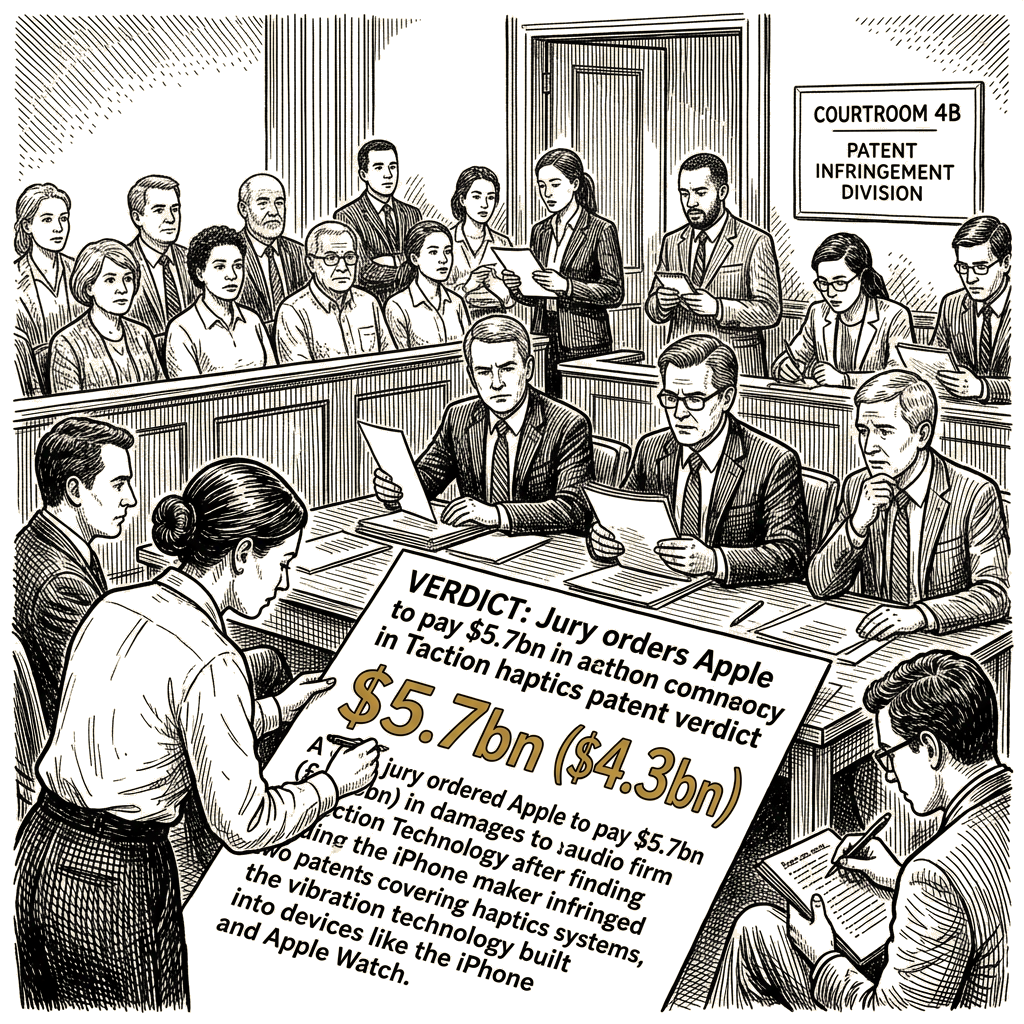 Illustration accompanying article: Jury orders Apple to pay $5.7bn in Taction haptics patent verdict