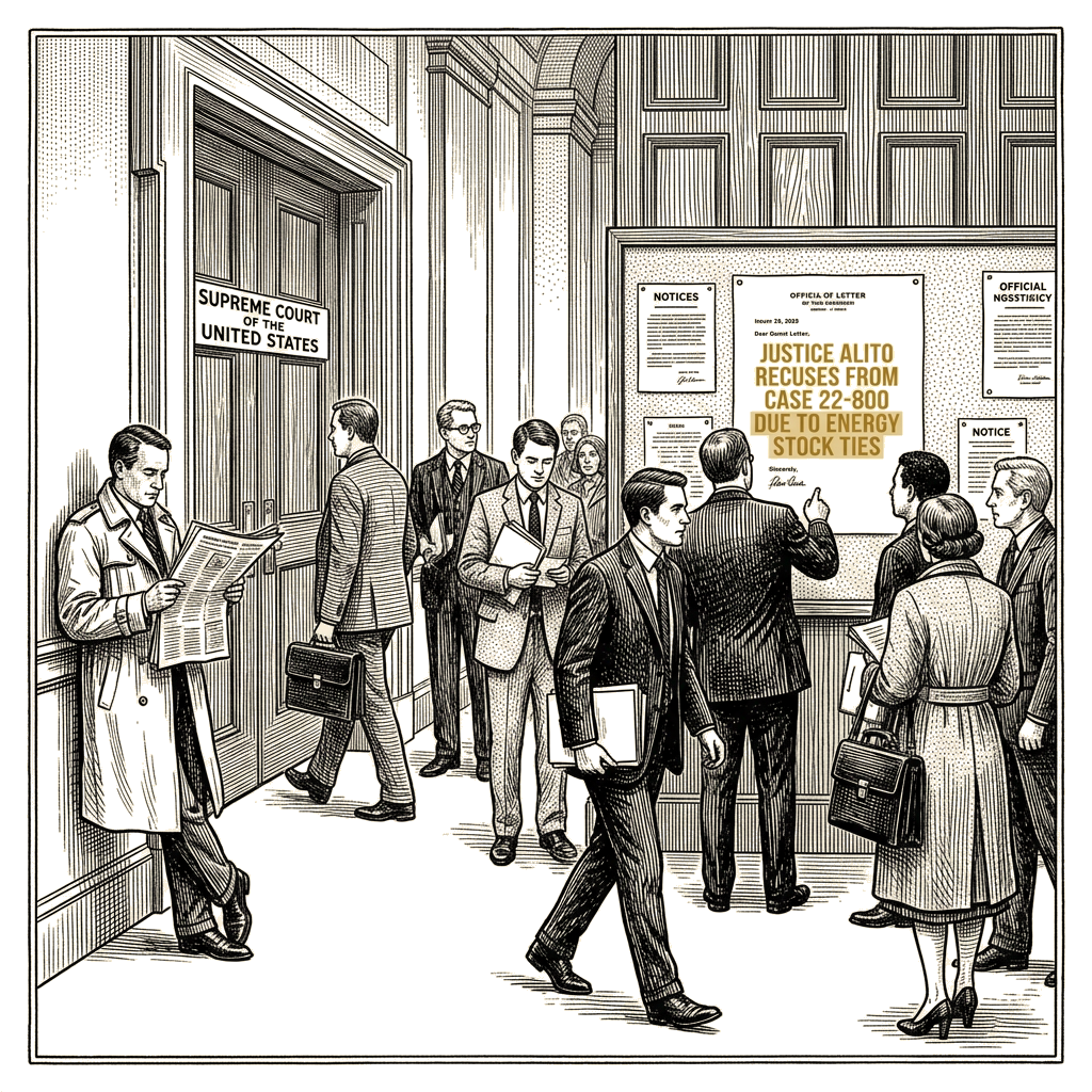 Illustration accompanying article: Justice Alito recuses from Supreme Court climate case over energy stock ties