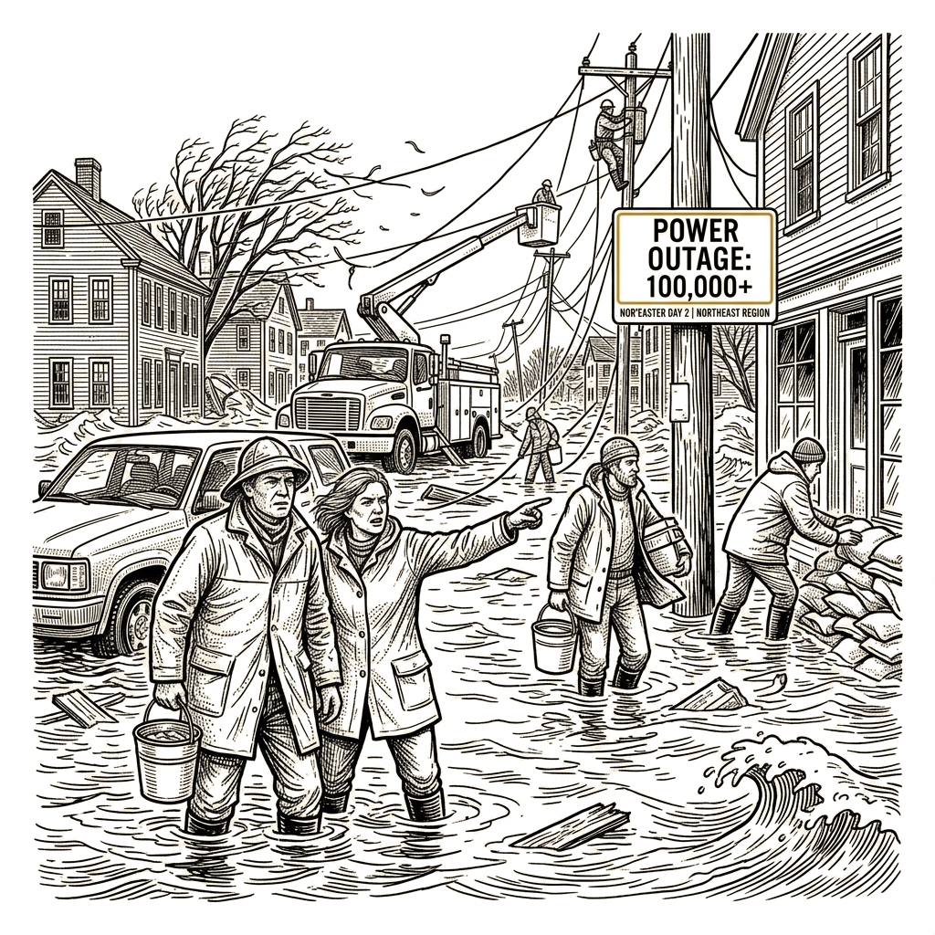 Illustration accompanying article: Nor'easter cuts power to over 100,000 in second day of Northeast flooding
