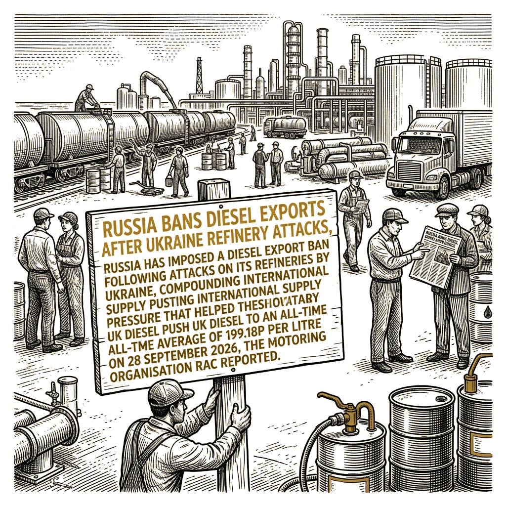 Illustration accompanying article: Russia bans diesel exports after Ukraine refinery attacks