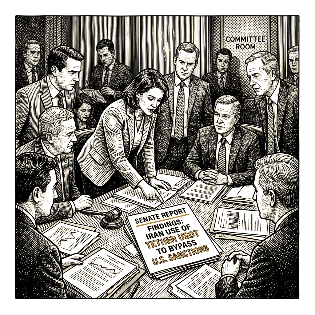 Illustration accompanying article: Senate report finds Iran used Tether's stablecoin to bypass US sanctions