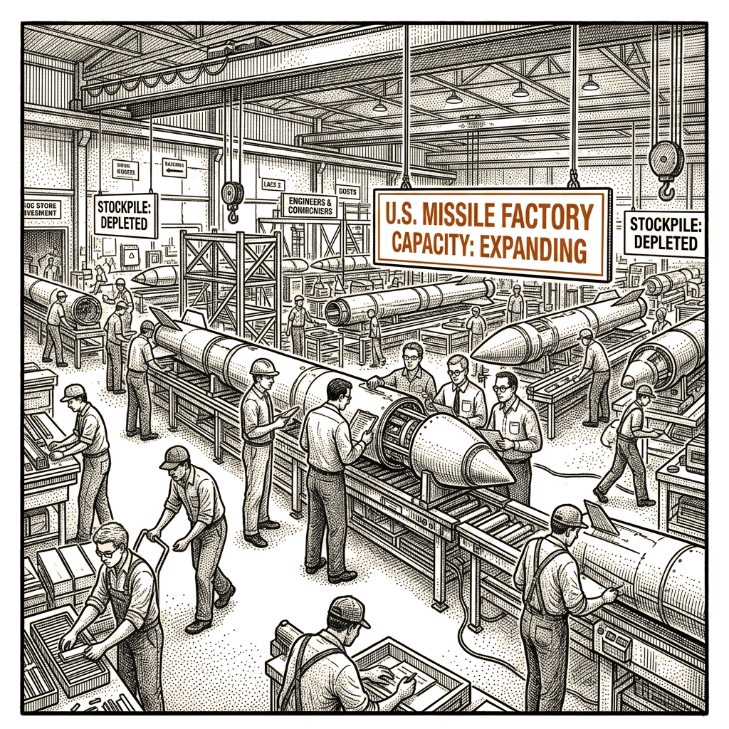 Illustration accompanying article: U.S. missile factories expand capacity as wartime stockpiles stay depleted