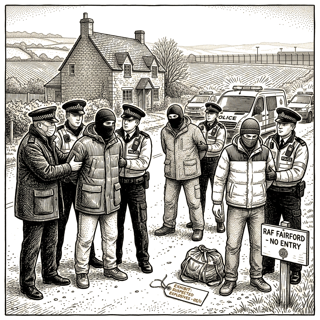 Illustration accompanying article: UK arrests five near RAF Fairford on terrorism charges, releases all on bail