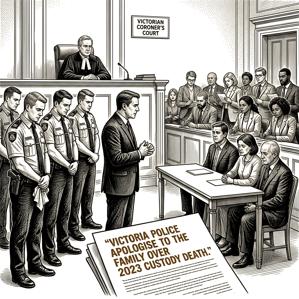 Illustration accompanying article: Victoria Police apologise over 2023 custody death at Broadmeadows station