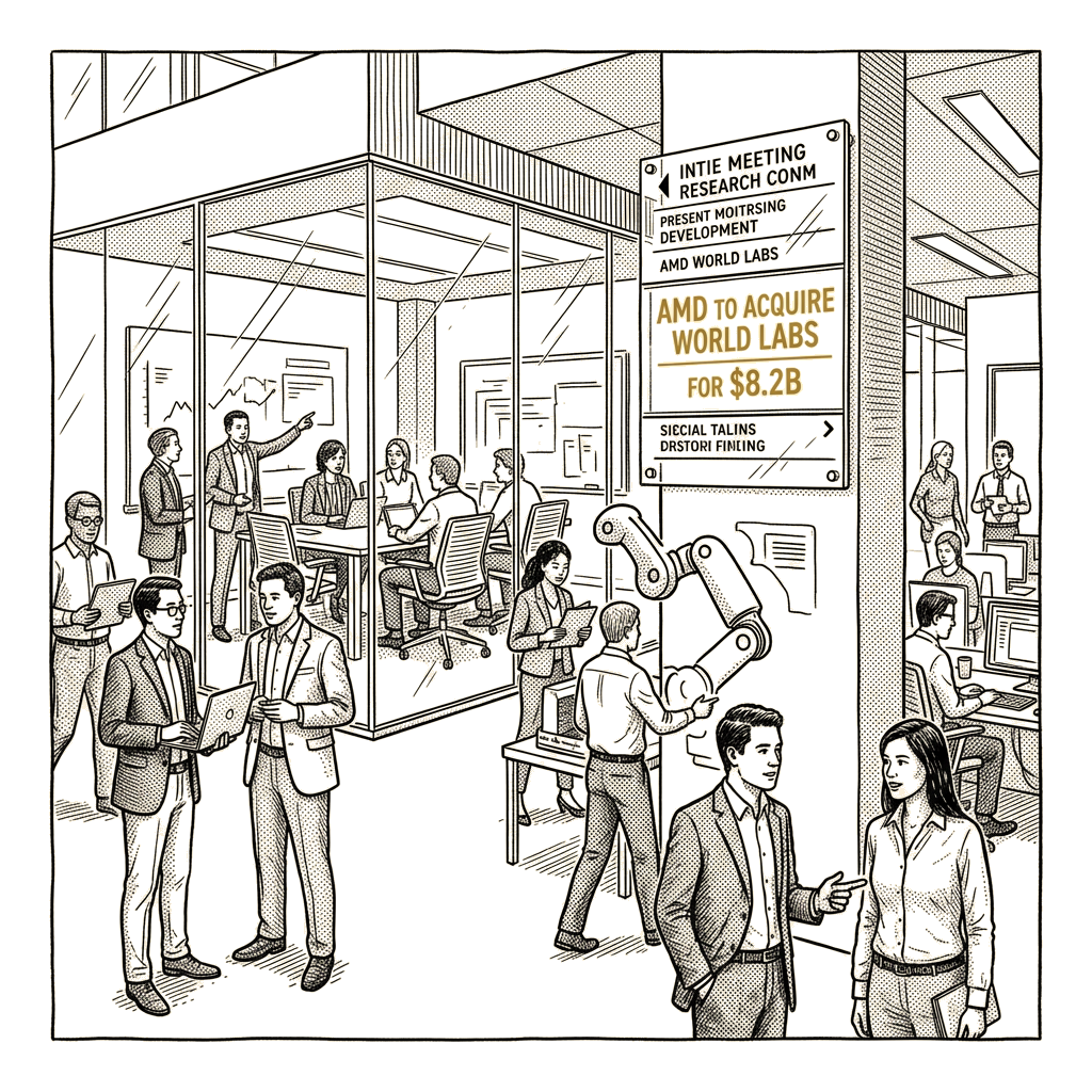 Illustration accompanying article: AMD to acquire World Labs for $8.2B as physical-AI interest grows