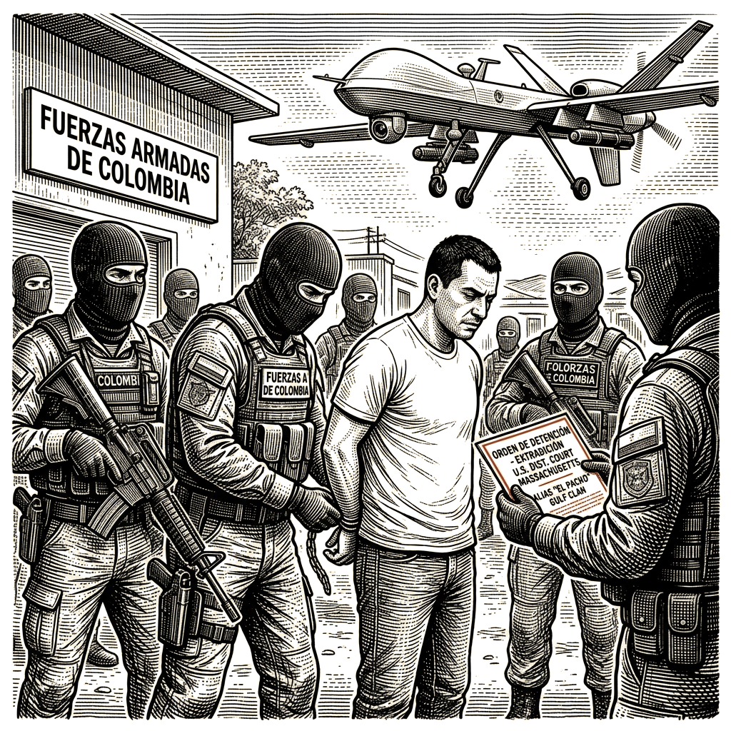 Illustration accompanying article: Colombian forces arrest alleged Gulf Clan trafficker with U.S. drone support
