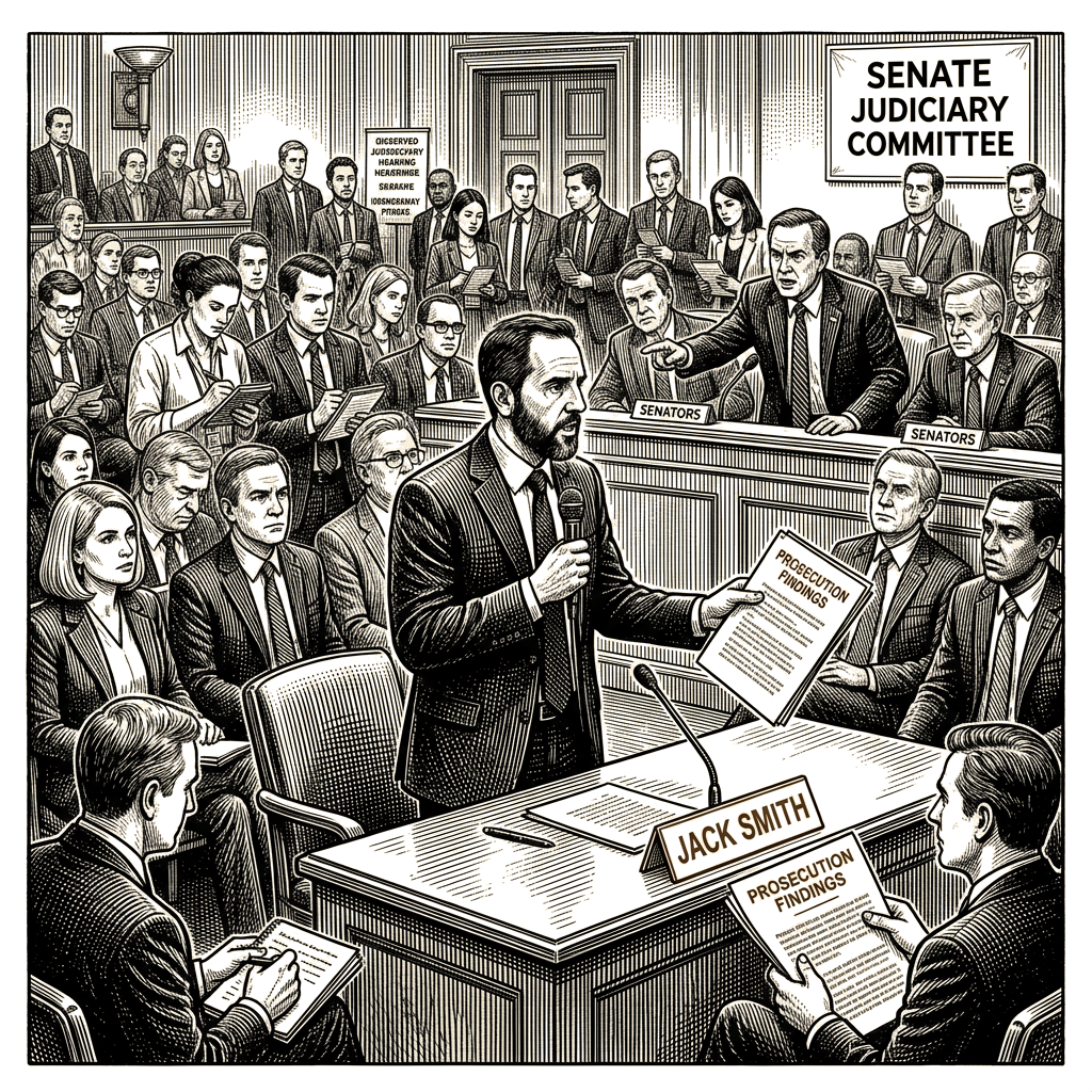 Illustration accompanying article: Jack Smith defends Trump prosecutions at contentious Senate hearing