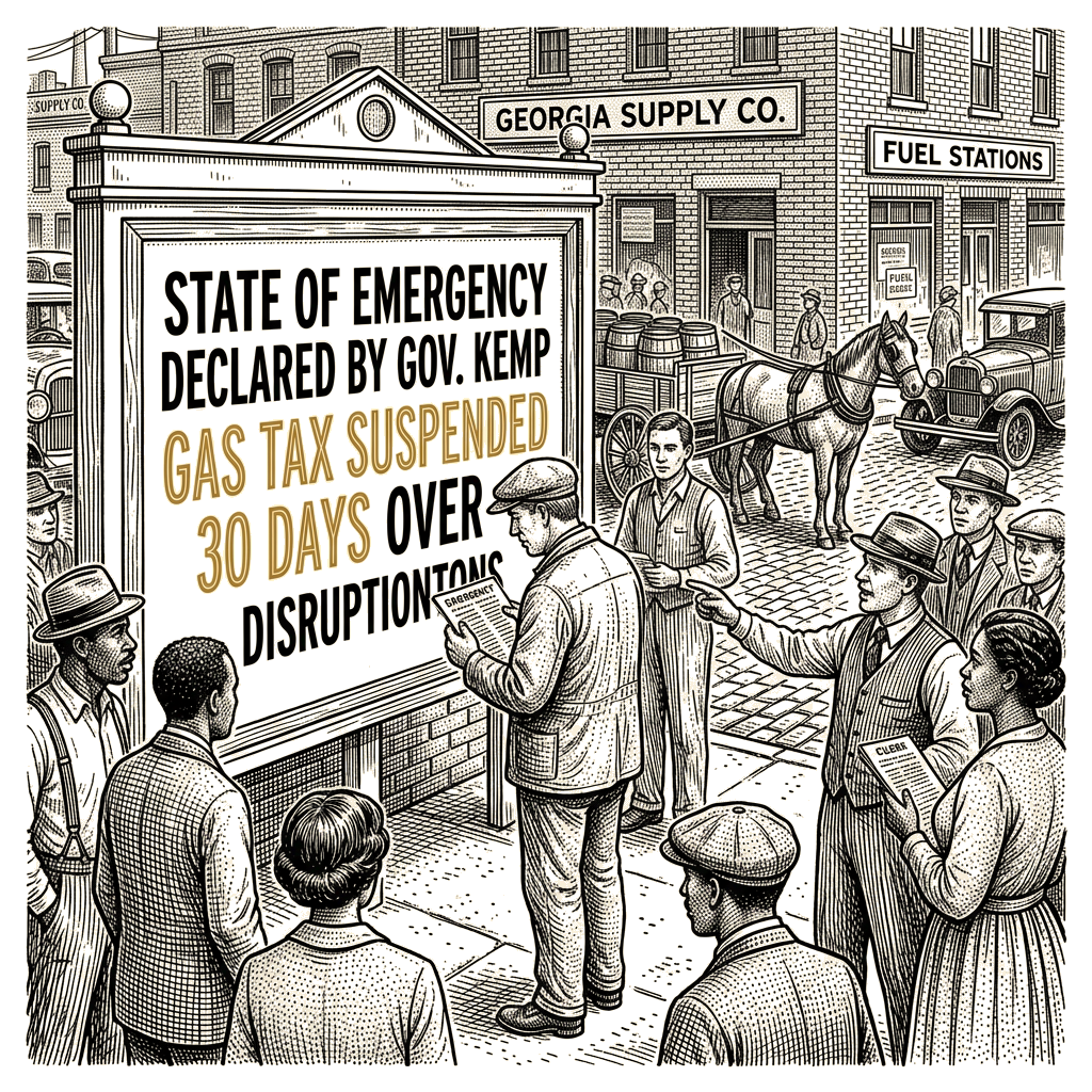 Illustration accompanying article: Kemp declares state emergency, suspends gas tax 30 days over supply disruptions