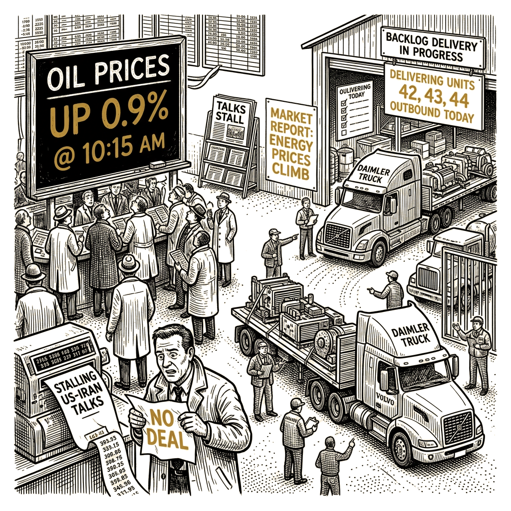 Illustration accompanying article: Oil rises as US-Iran talks stall; Daimler Truck, Volvo manage backlog delivery
