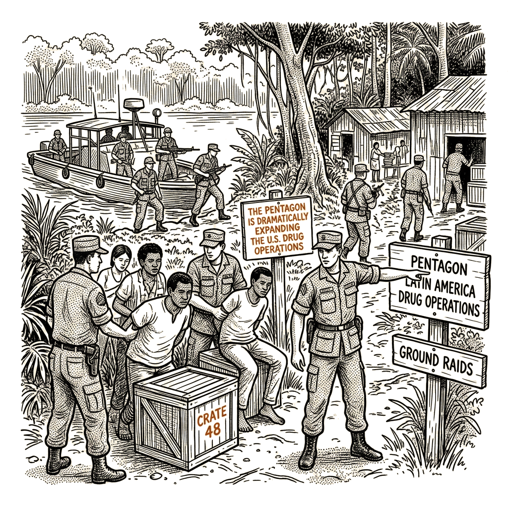 Illustration accompanying article: Pentagon expands Latin America drug operations to ground raids