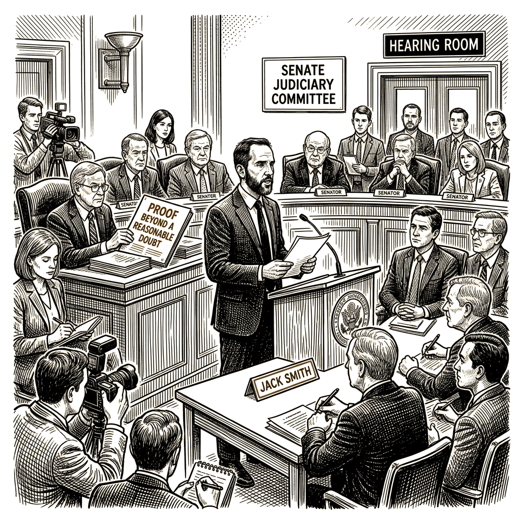 Illustration accompanying article: Smith defends Trump prosecutions at Senate Judiciary hearing
