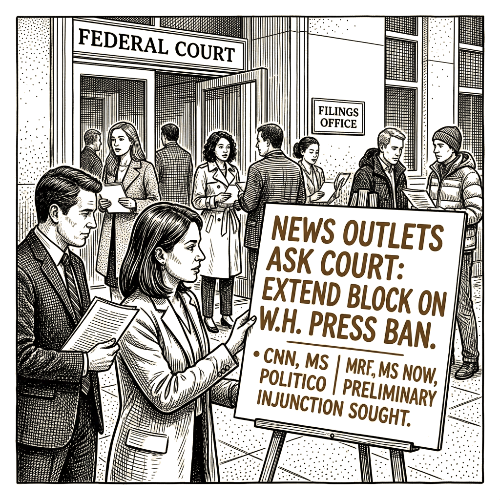 Illustration accompanying article: Three news outlets ask court to extend block on White House press ban