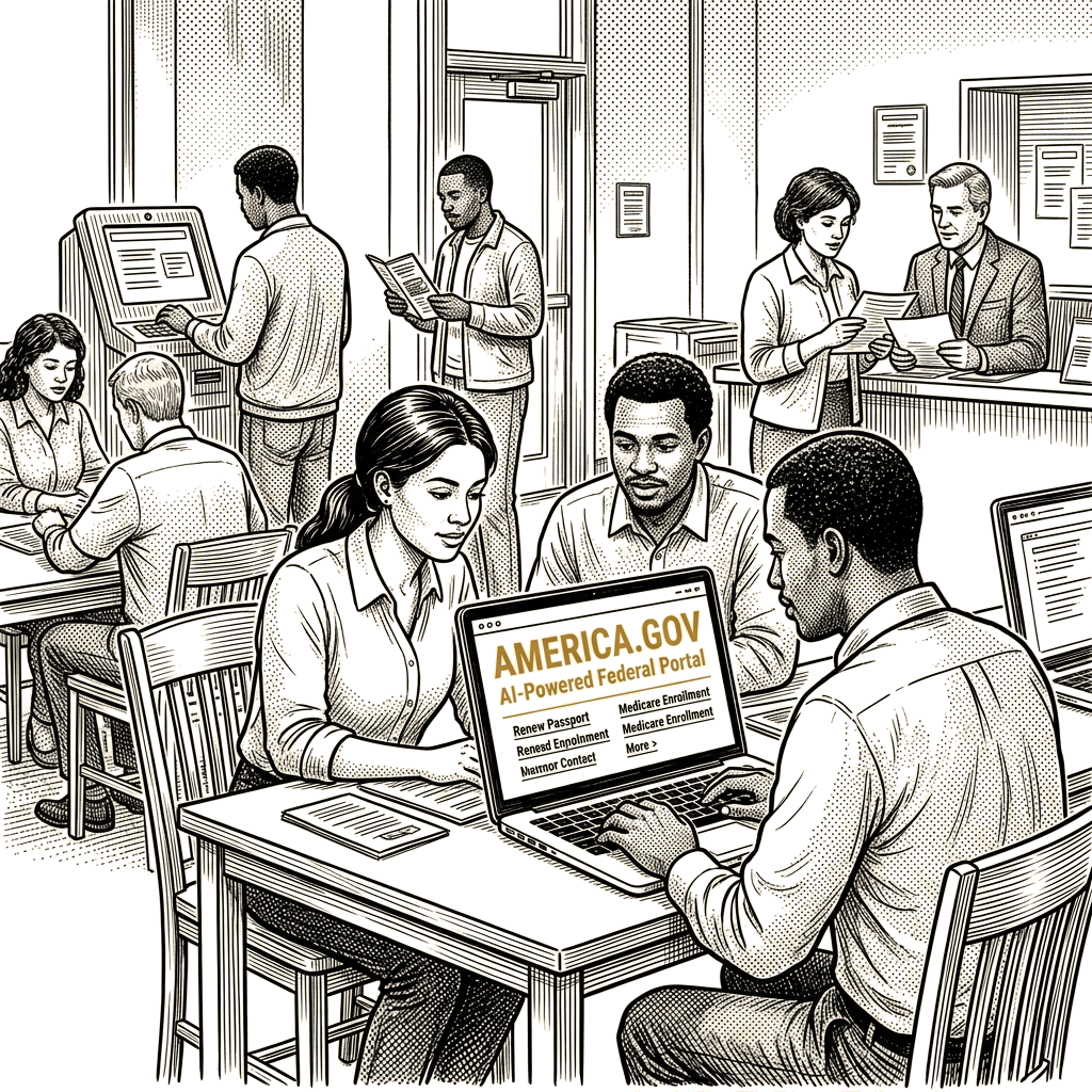 Illustration accompanying article: Trump administration launches America.gov AI portal for federal services