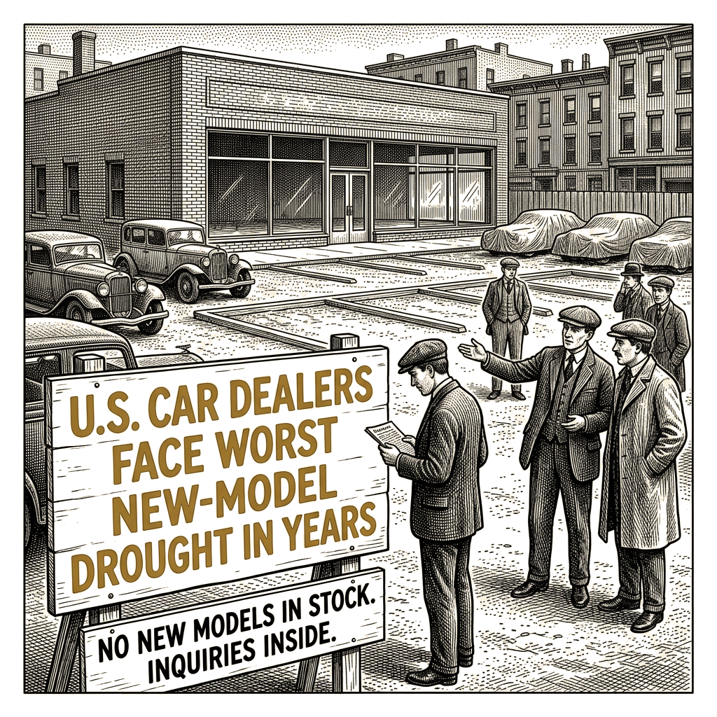 Illustration accompanying article: U.S. car dealers face worst new-model drought in years