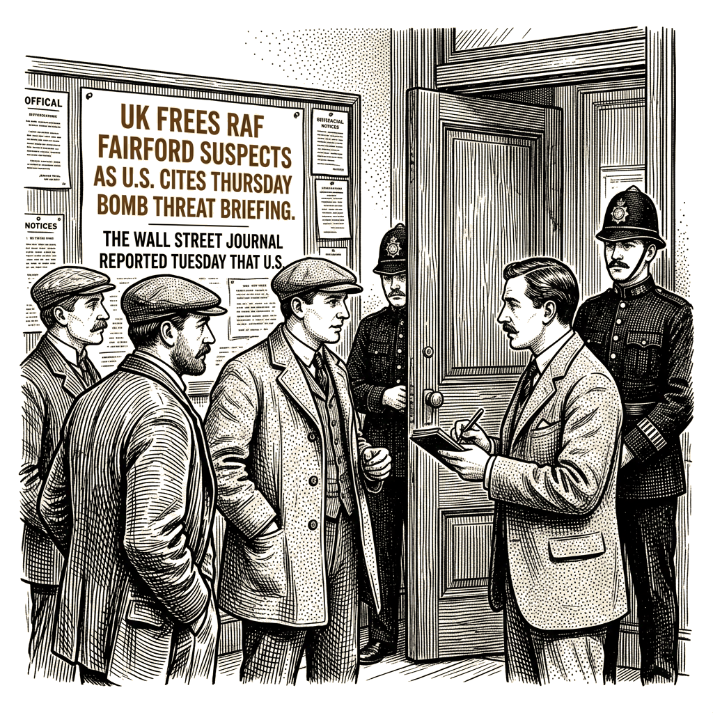 Illustration accompanying article: UK frees RAF Fairford suspects as U.S. cites Thursday bomb threat briefing