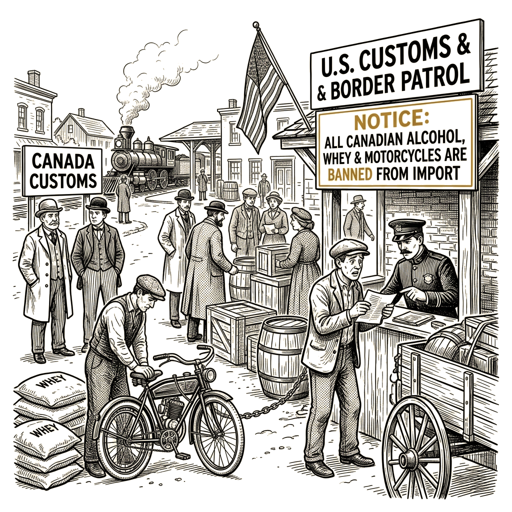 Illustration accompanying article: US import ban on Canadian alcohol, whey and motorcycles takes effect