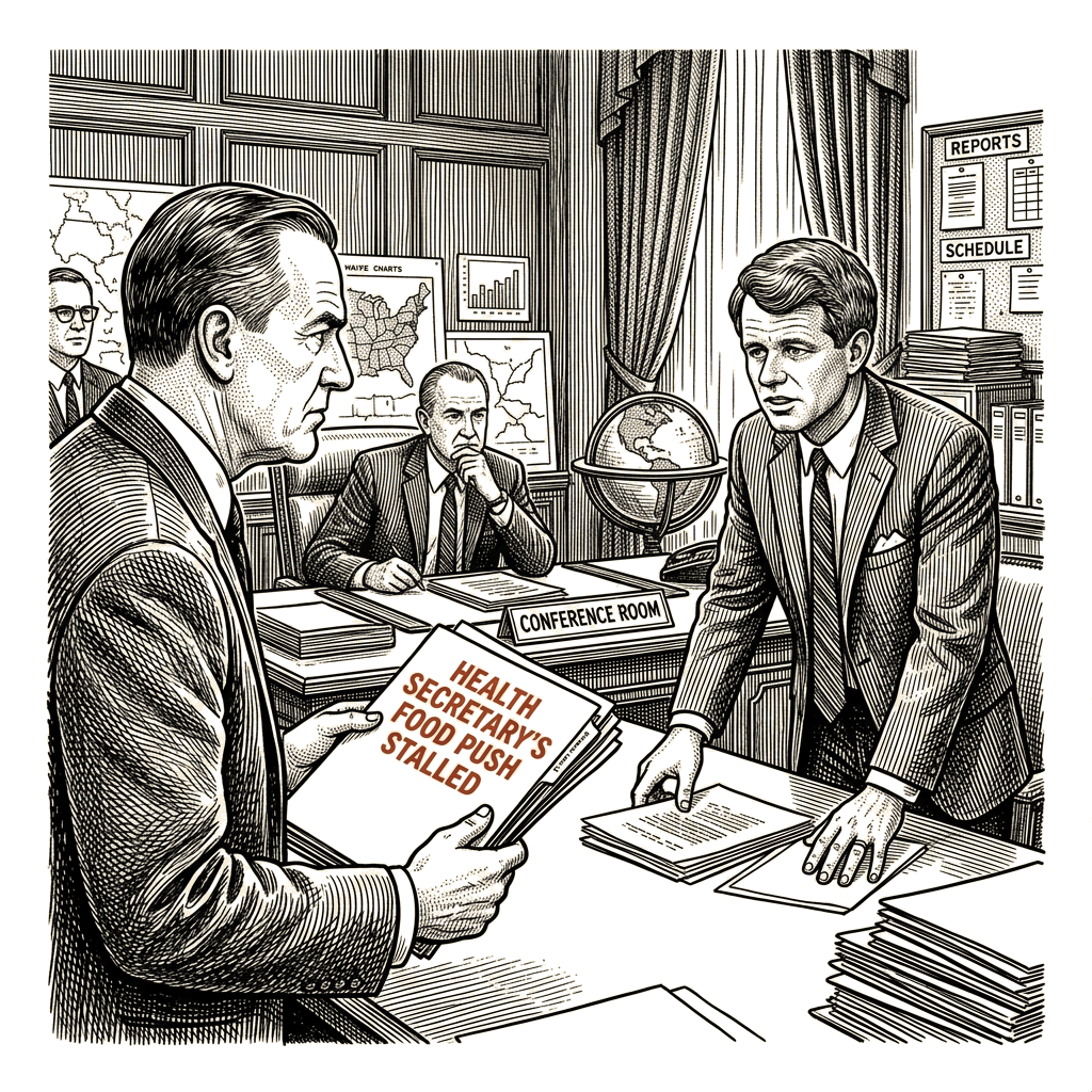 Illustration accompanying article: White House resistance stalls Kennedy's ultraprocessed food push