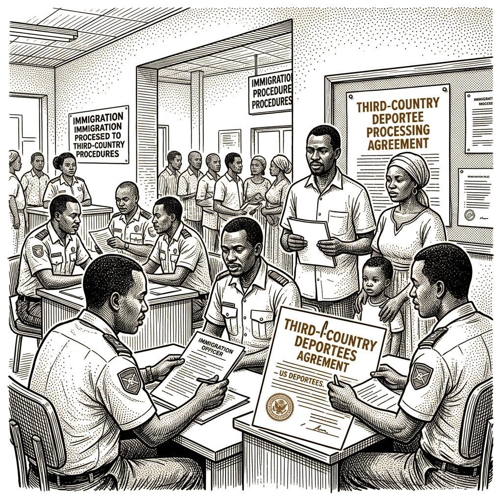 Illustration accompanying article: Burundi agrees to accept US third-country deportees