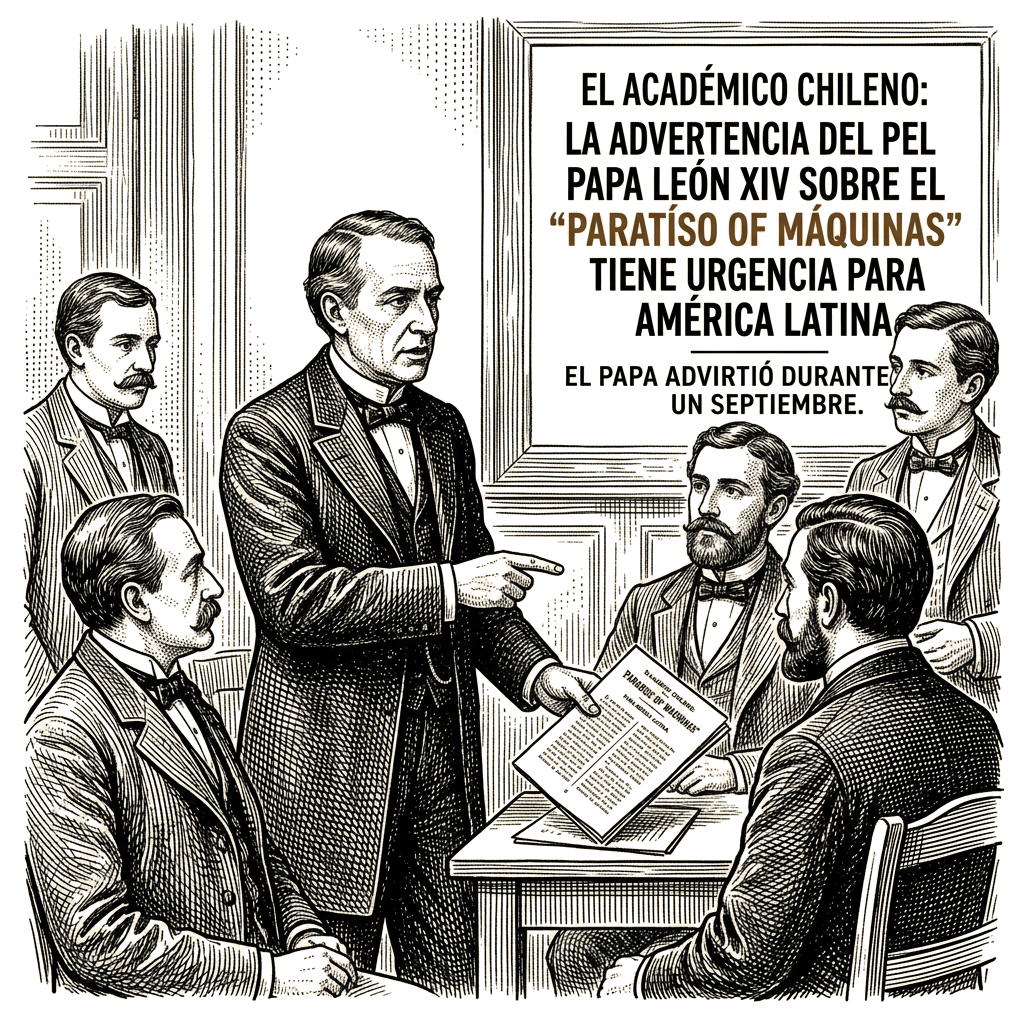 Illustration accompanying article: Chilean academic: Pope''s ''paradise of machines'' warning carries urgency for Latin…