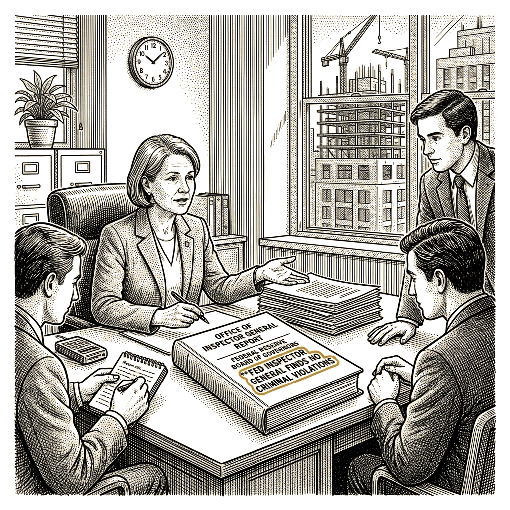 Illustration accompanying article: Fed inspector general finds no criminal violations in $2.4bn renovation