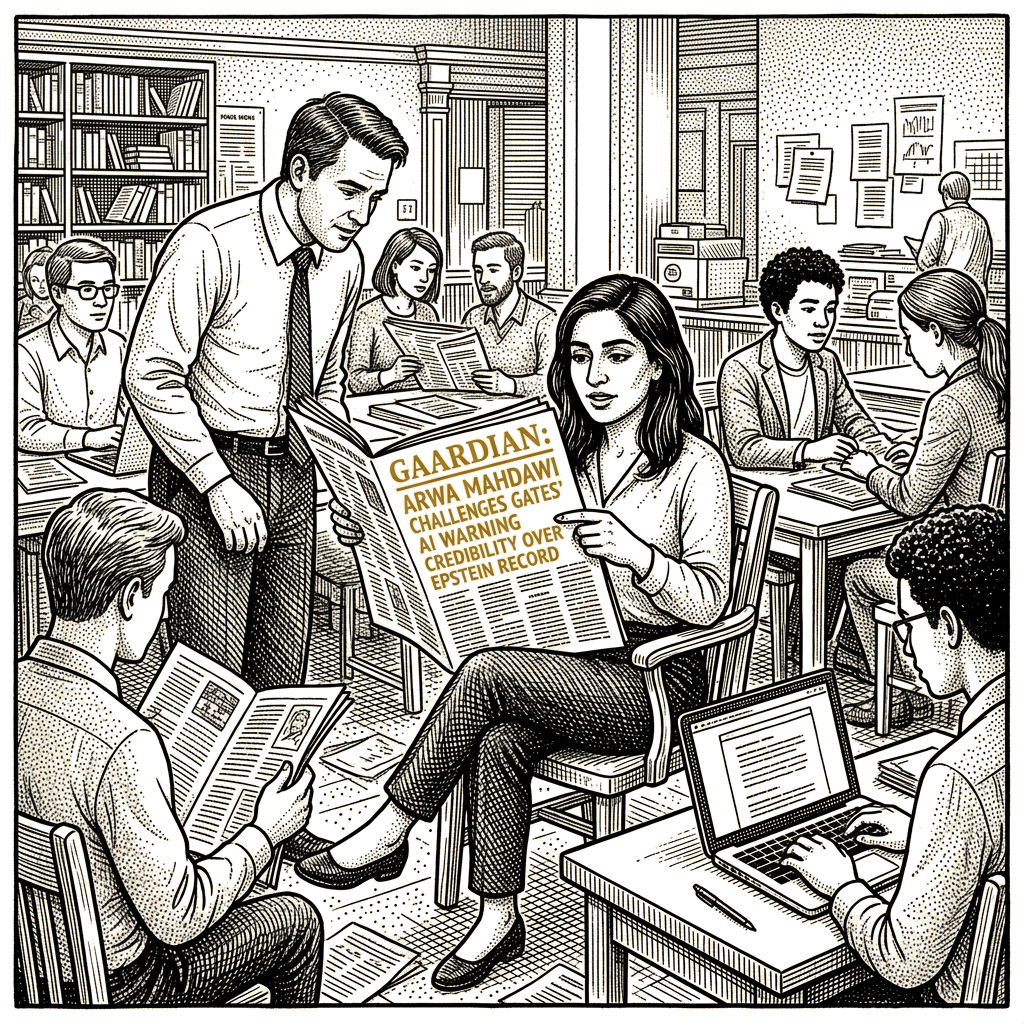 Illustration accompanying article: Guardian columnist challenges Gates' AI warning credibility over Epstein record