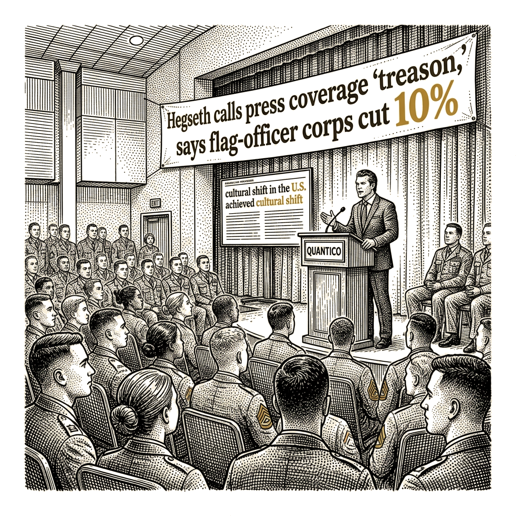 Illustration accompanying article: Hegseth calls press coverage 'treason,' says flag-officer corps cut 10%