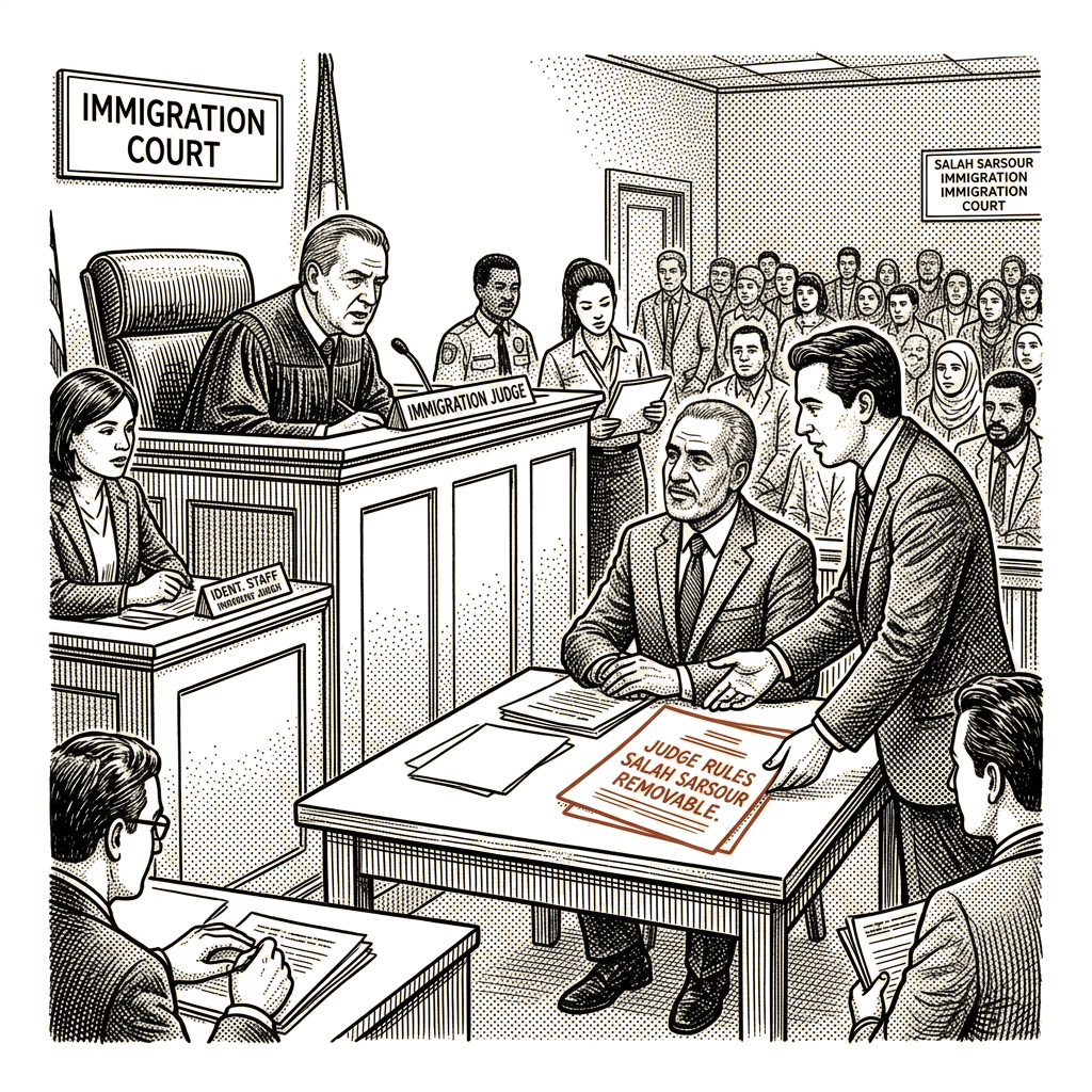 Illustration accompanying article: Immigration judge rules Wisconsin mosque president removable