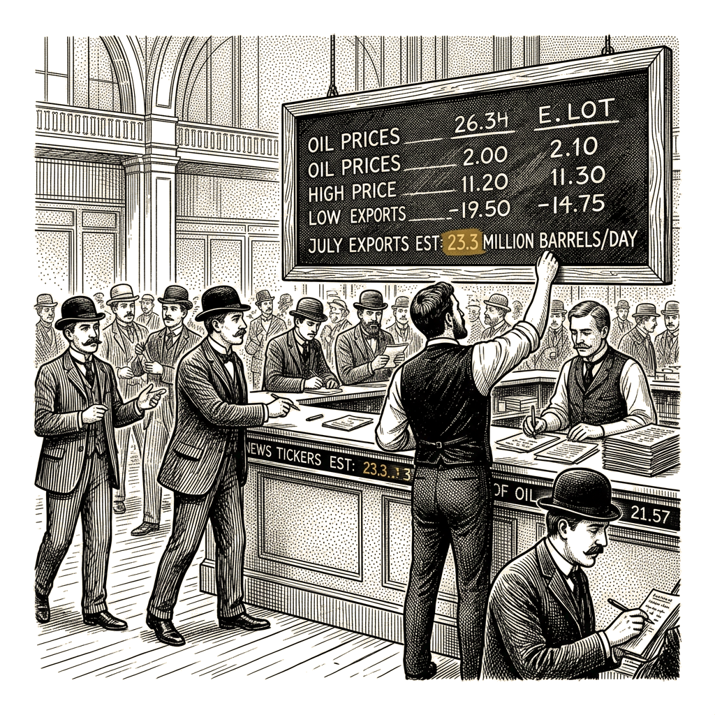 Illustration accompanying article: Oil futures extend losses as Persian Gulf exports near 2025 average
