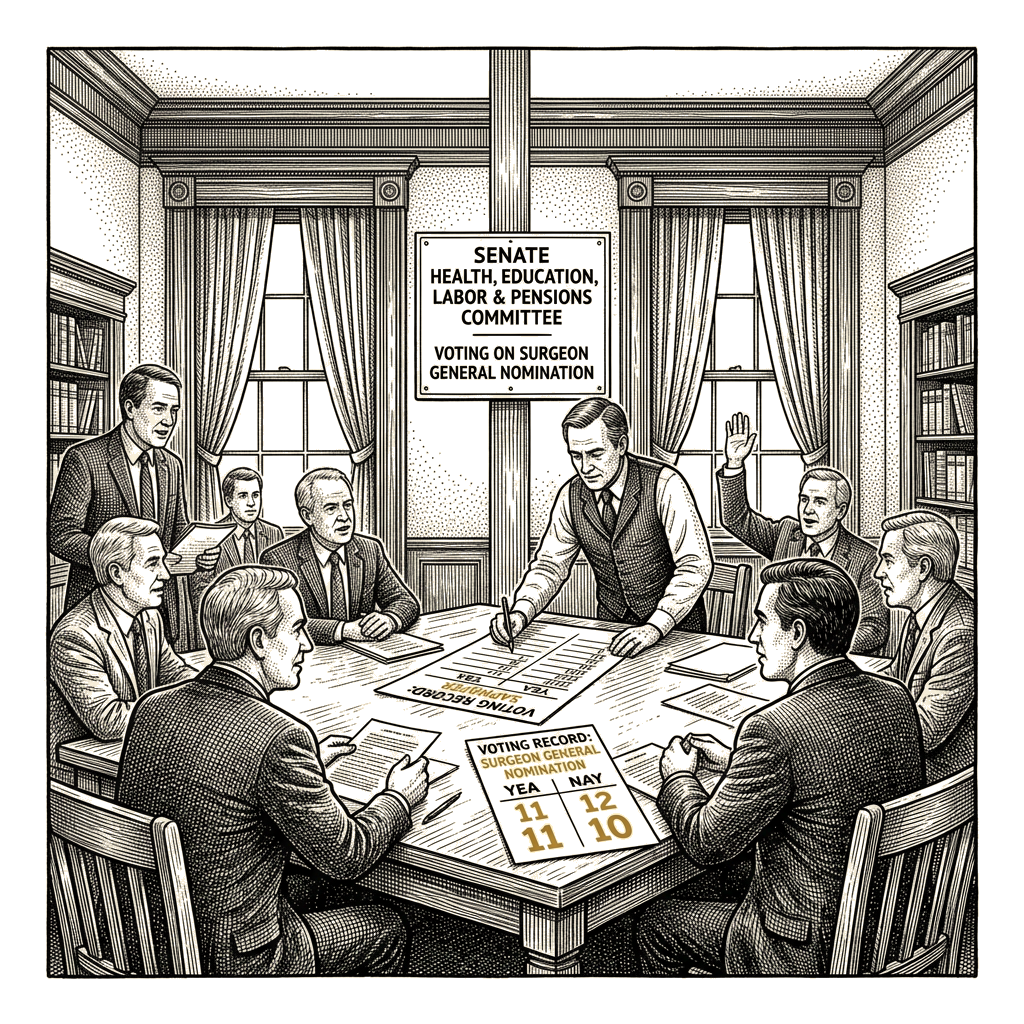 Illustration accompanying article: Party-line vote sends Saphier surgeon general bid to Senate floor