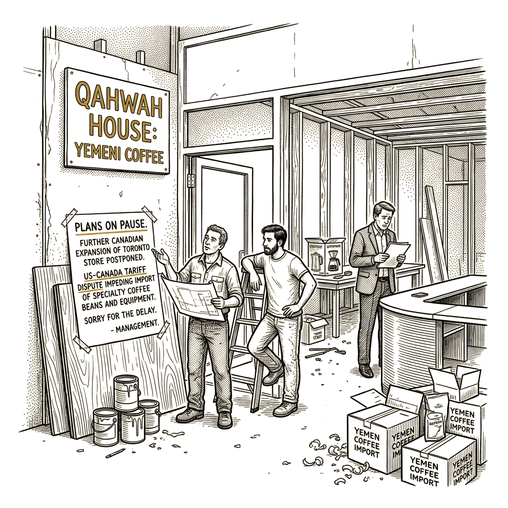 Illustration accompanying article: Qahwah House pauses Toronto expansion amid US-Canada tariff dispute