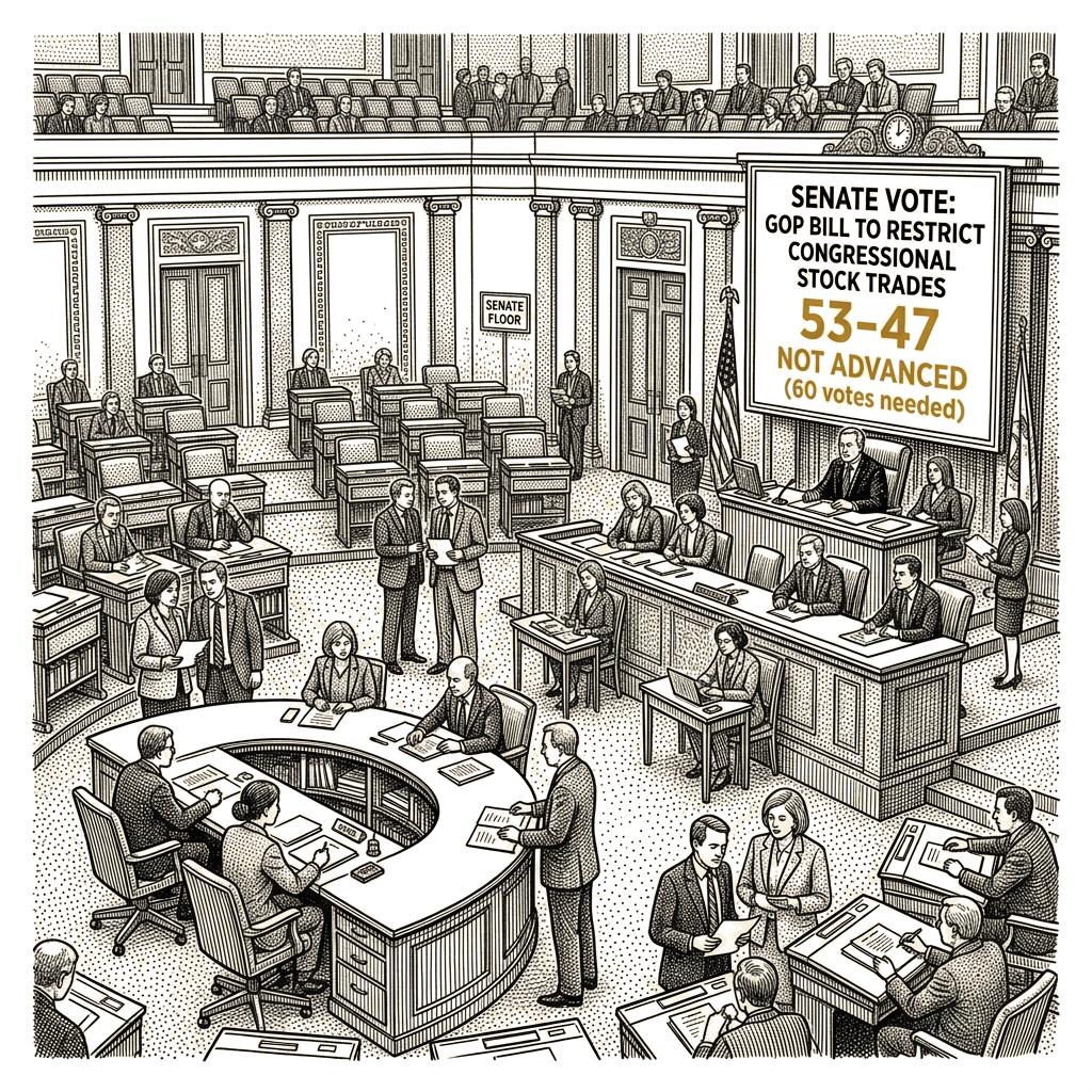 Illustration accompanying article: Senate blocks GOP bill restricting congressional stock trades