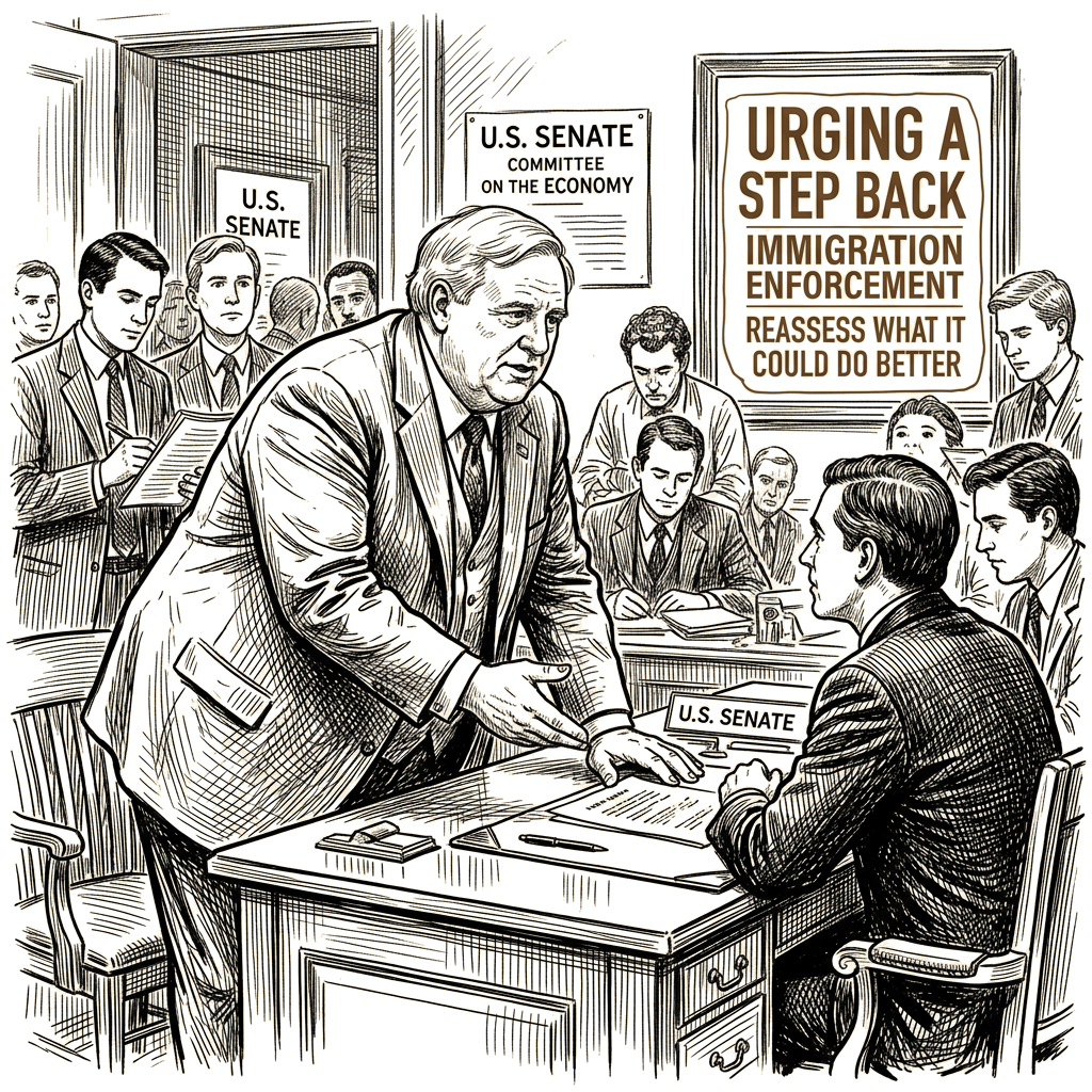 Illustration accompanying article: Senator Jim Justice urges Trump to step back from immigration enforcement