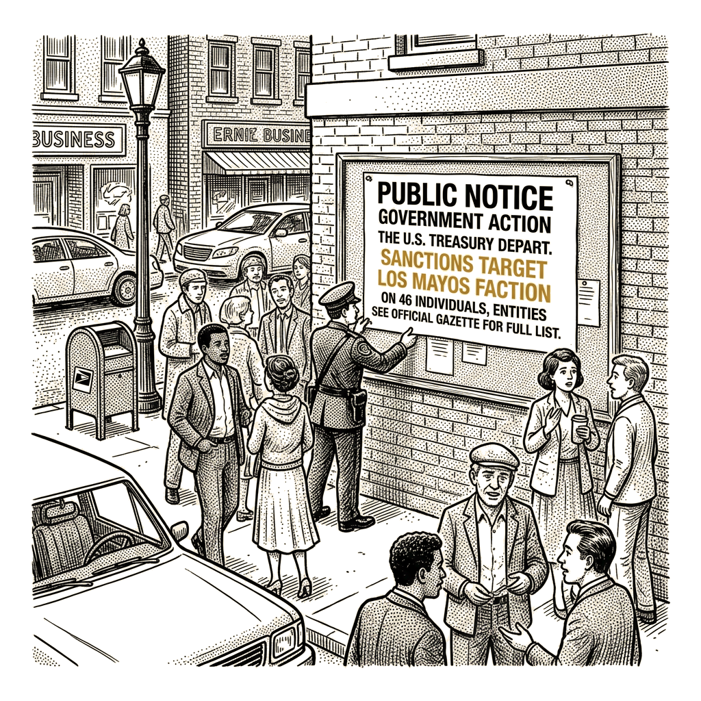 Illustration accompanying article: Treasury targets Los Mayos faction with sanctions on 46 individuals, entities