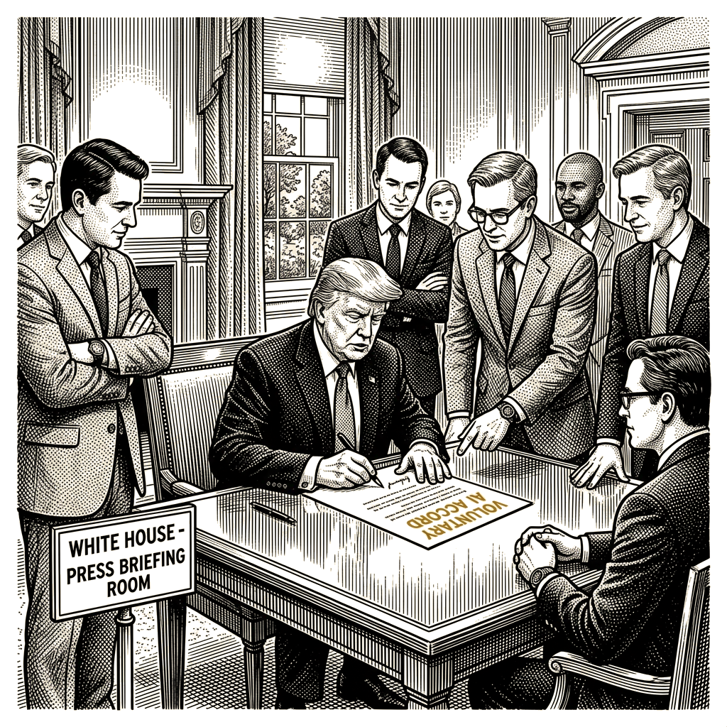 Illustration accompanying article: Trump, AI executives sign voluntary self-policing accord