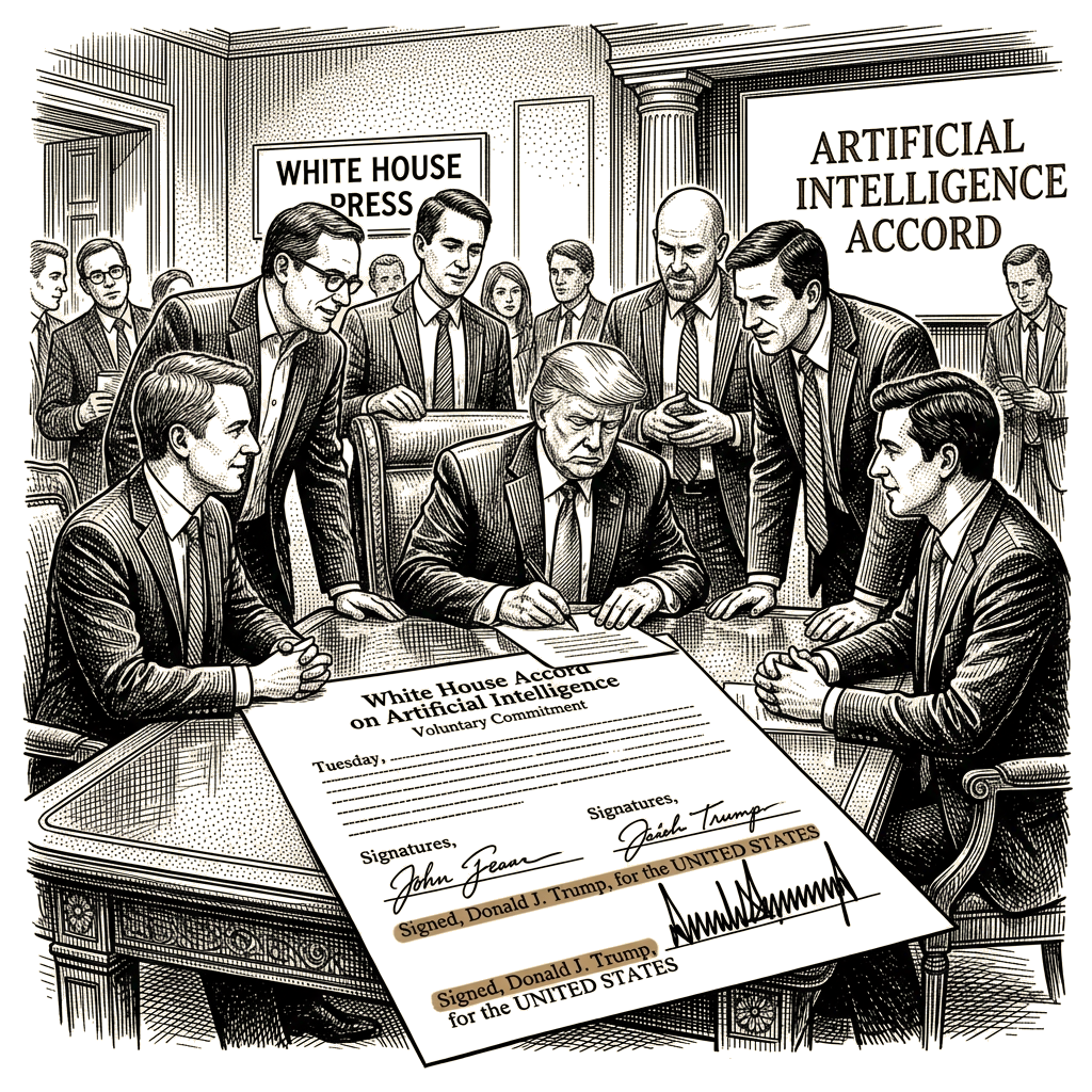 Illustration accompanying article: White House AI accord misspells 'United States' under Trump's signature