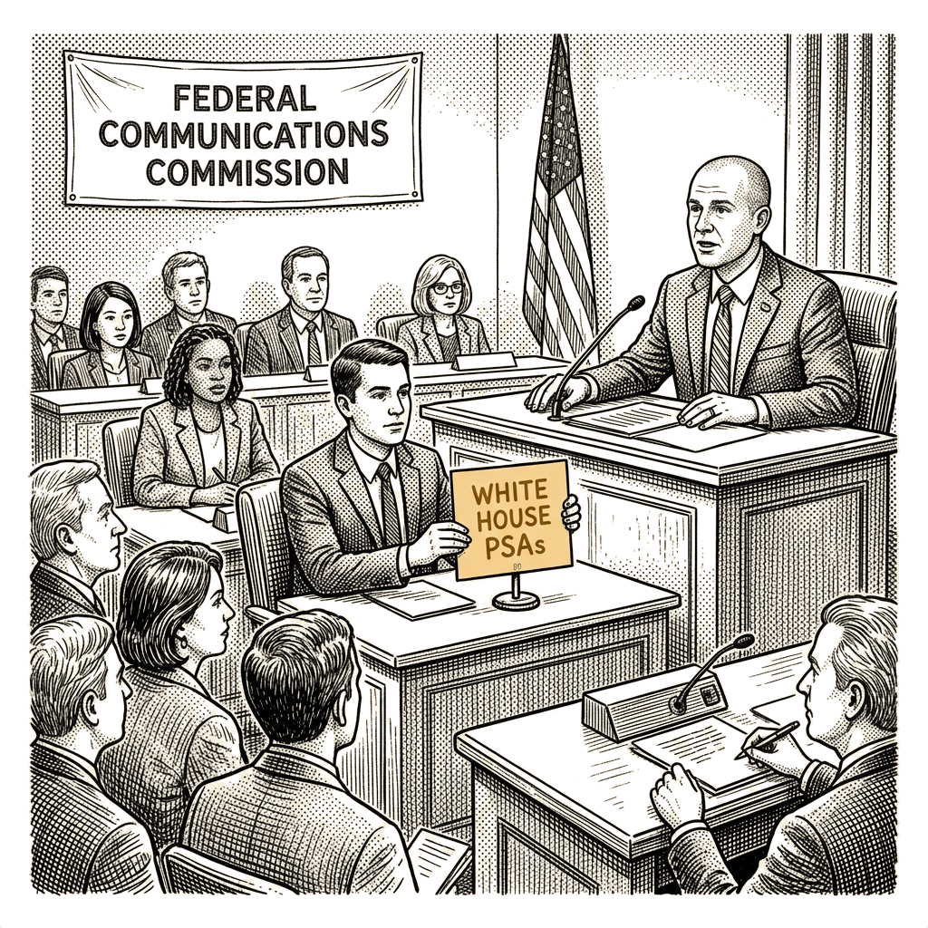 Illustration accompanying article: FCC chair defends taxpayer-funded Trump ads as routine PSAs