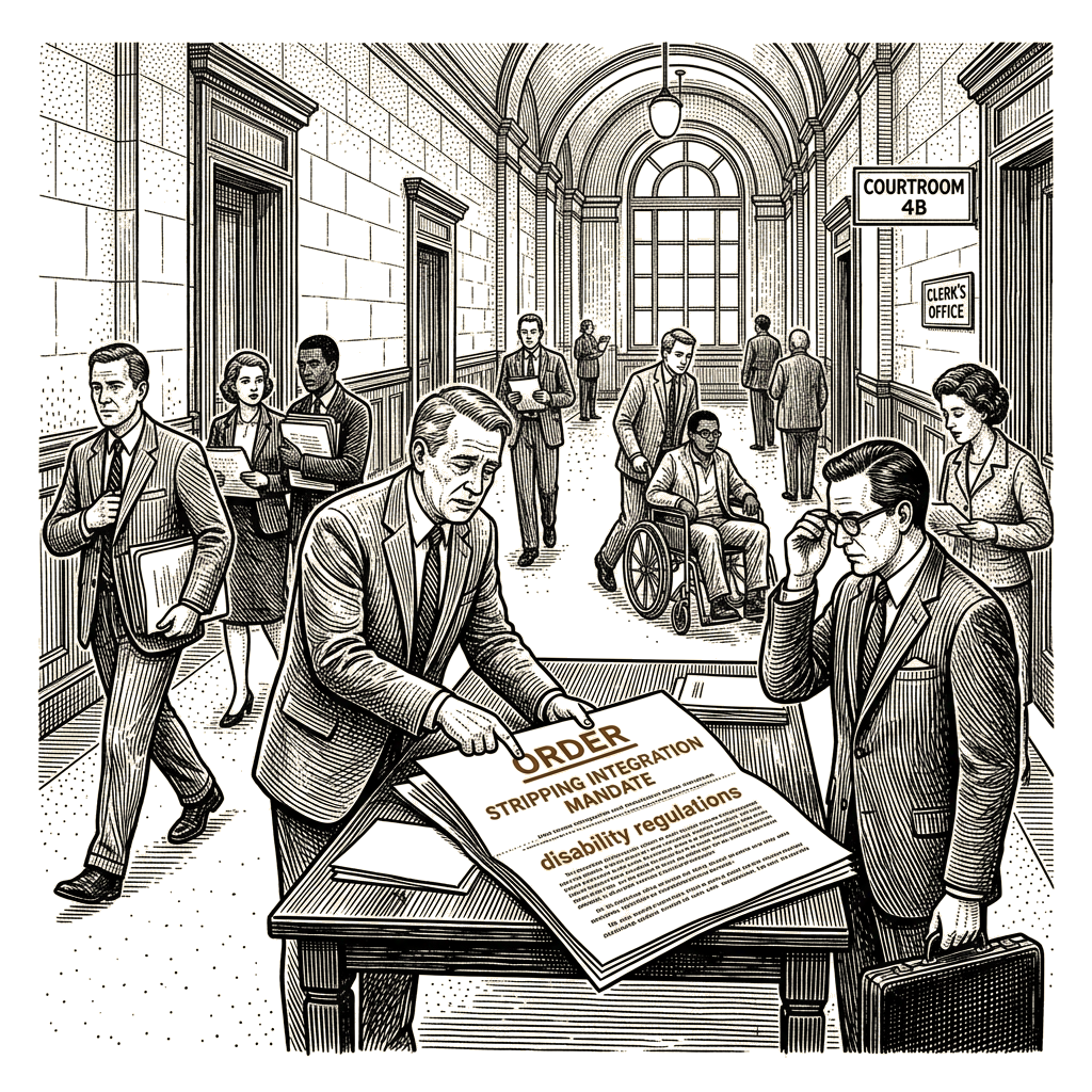 Illustration accompanying article: Federal judge strips integration mandate from disability regulations