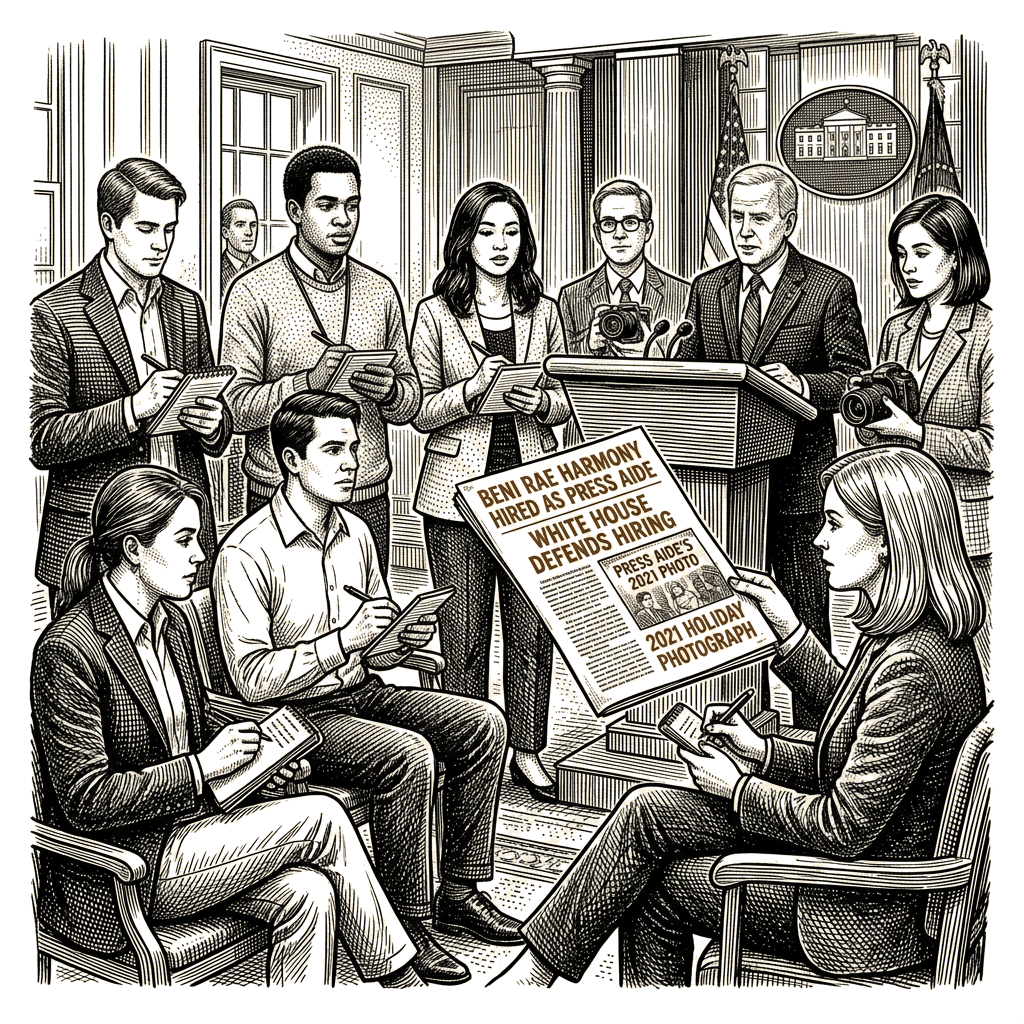 Illustration accompanying article: White House defends hiring of Real America's Voice correspondent as press aide