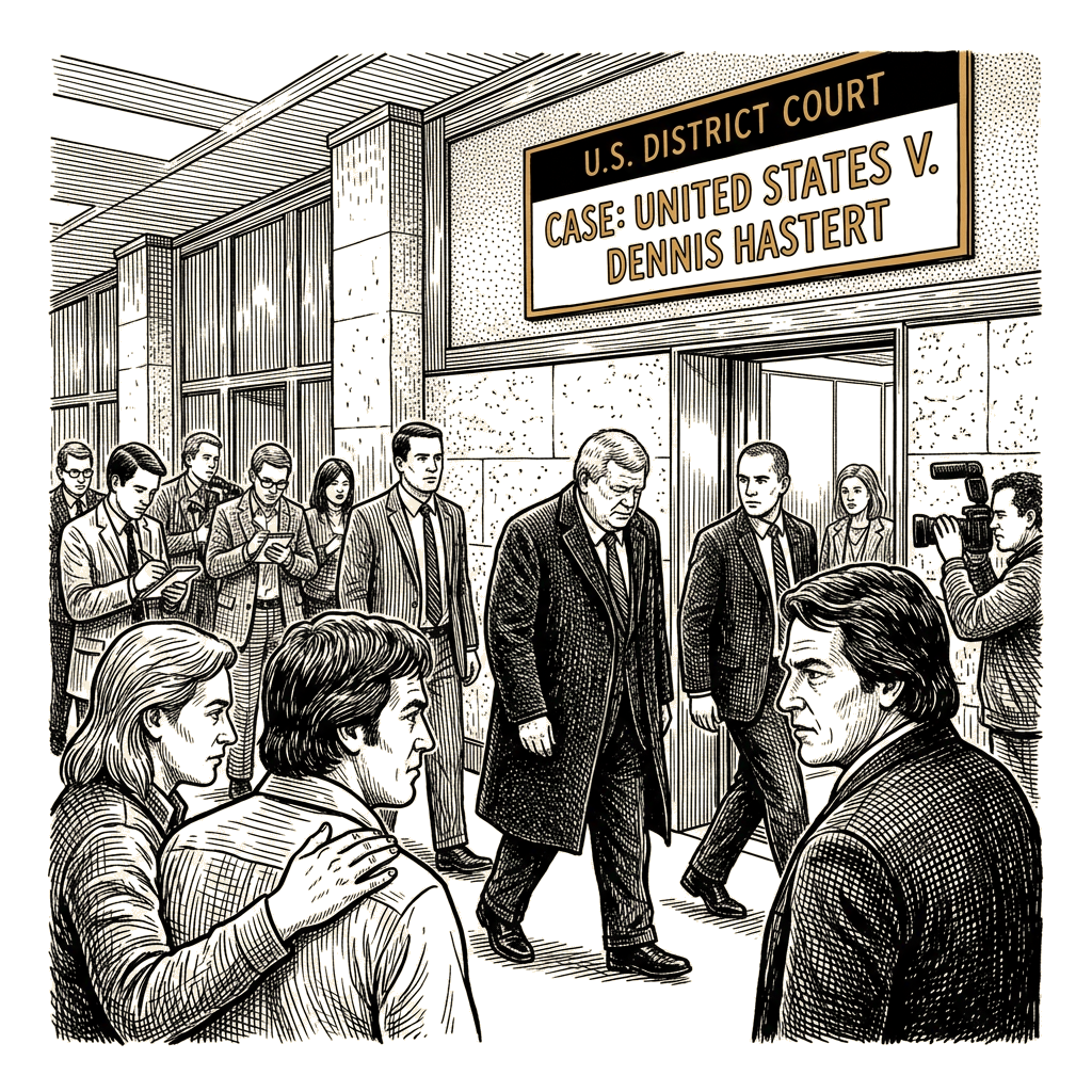Illustration accompanying article: Dennis Hastert, ex-House Speaker convicted in hush-money case, dies at 84