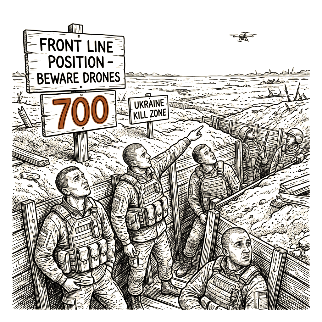 Illustration accompanying article: Drones dominate Ukraine's 700-mile kill zone, reshaping ground war
