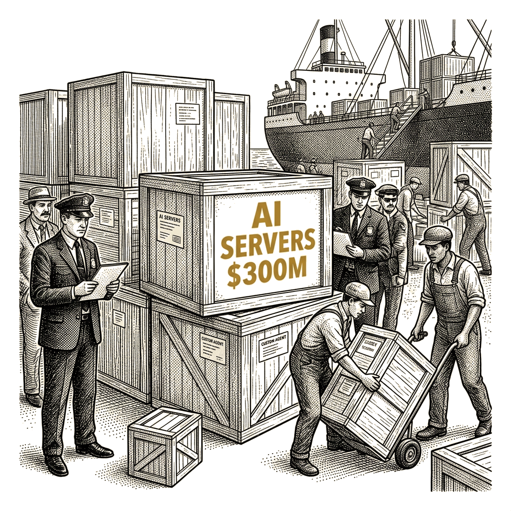 Illustration accompanying article: Federal prosecutors charge California man in $300M AI server export to China