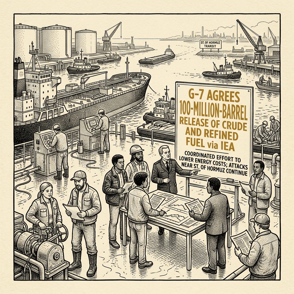 Illustration accompanying article: G-7 agrees to 100-million-barrel crude, fuel release via IEA