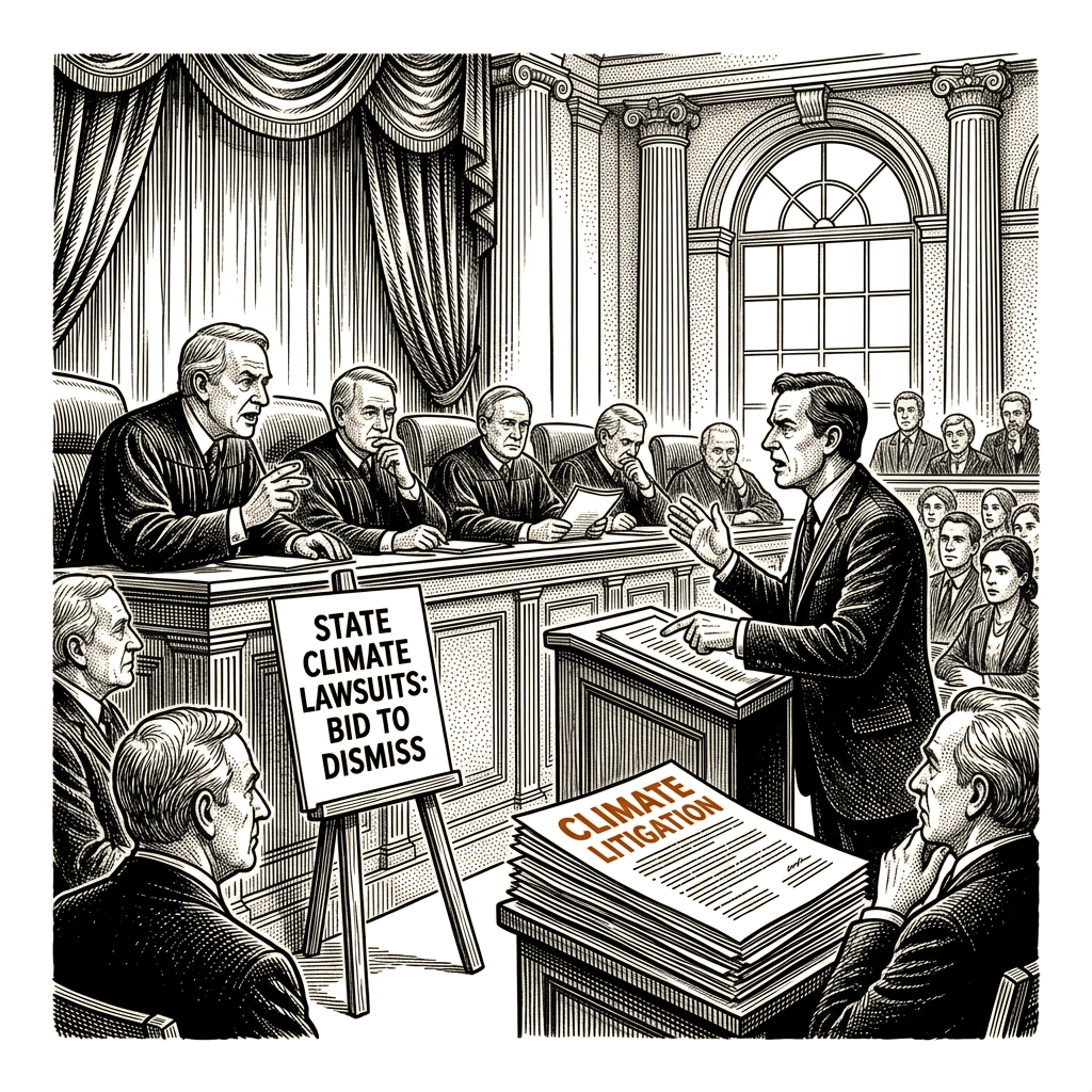 Illustration accompanying article: Justices press oil companies on bid to dismiss state climate lawsuits