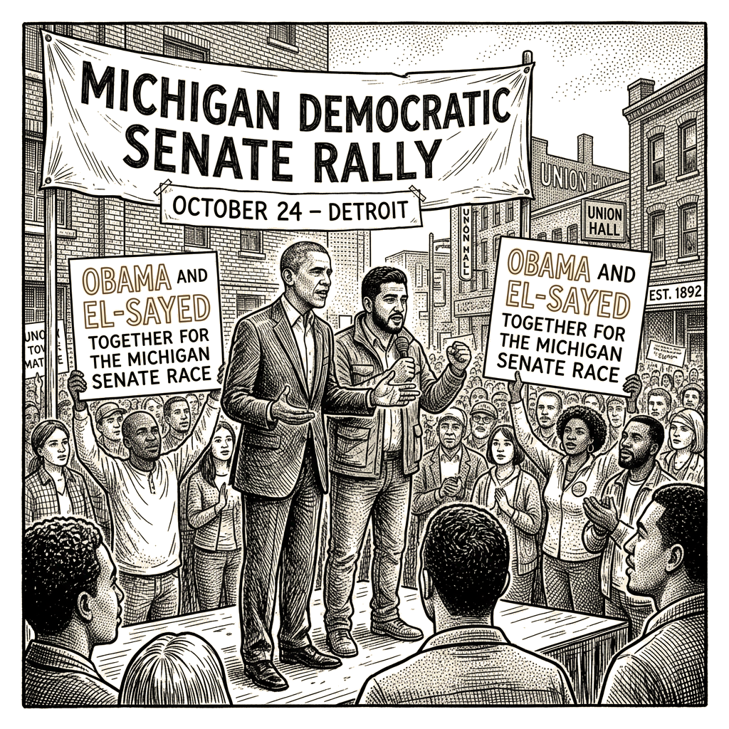 Illustration accompanying article: Obama to rally with El-Sayed in Michigan Senate race