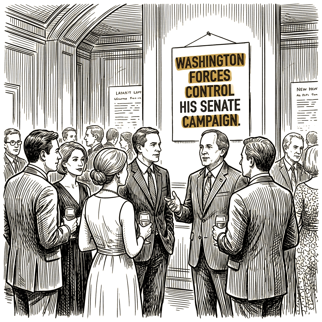 Illustration accompanying article: Paxton tells donors Washington forces control his Senate campaign
